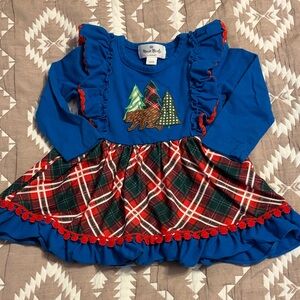 Blue Plaid Kids Dress with Bear Design